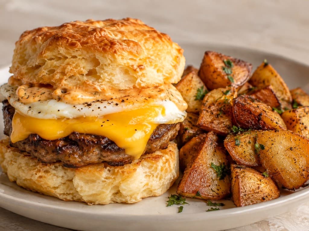 Sausage, egg and cheese biscuit with breakfast potatoes
