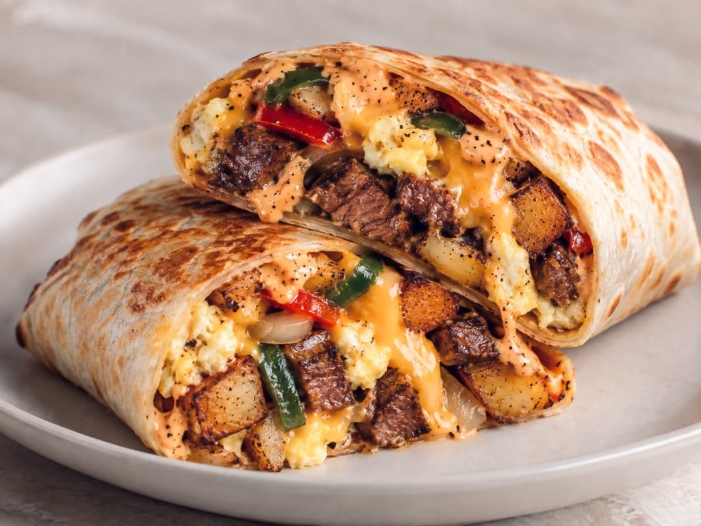Steak, egg and cheese breakfast wrap cut in half on a plate